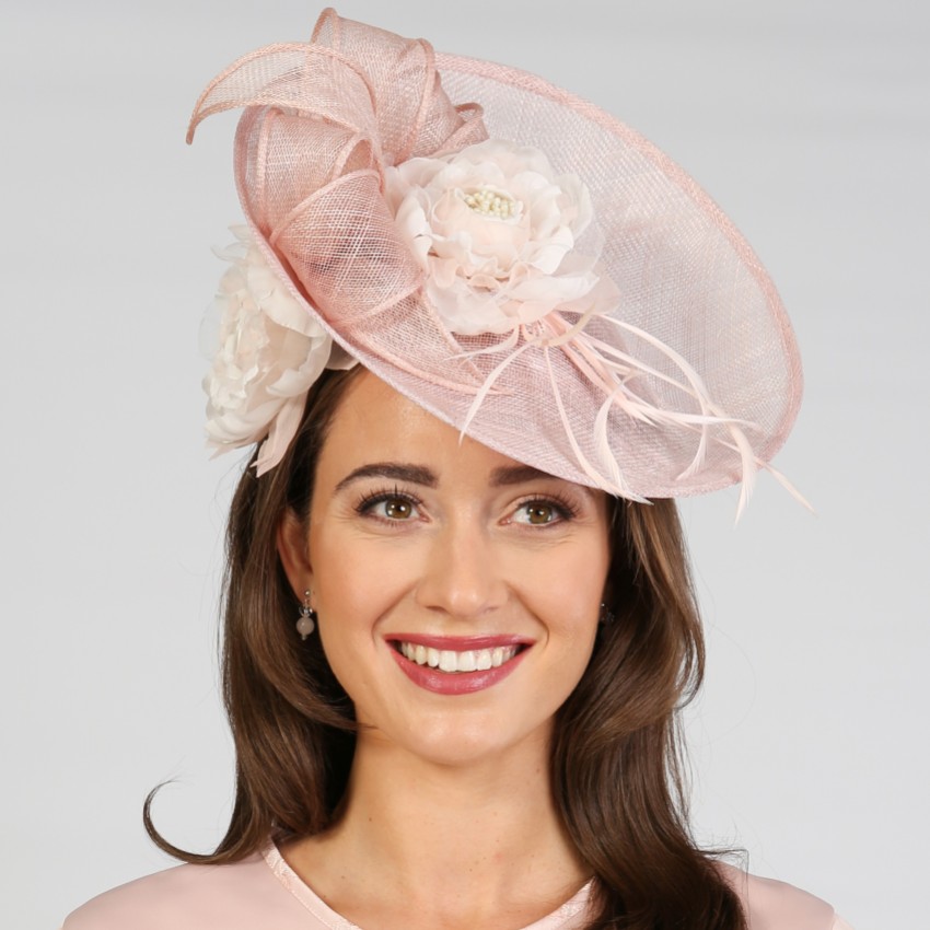 Photograph: Rose Pink Floral Large Sinamay Disk Wedding Fascinator