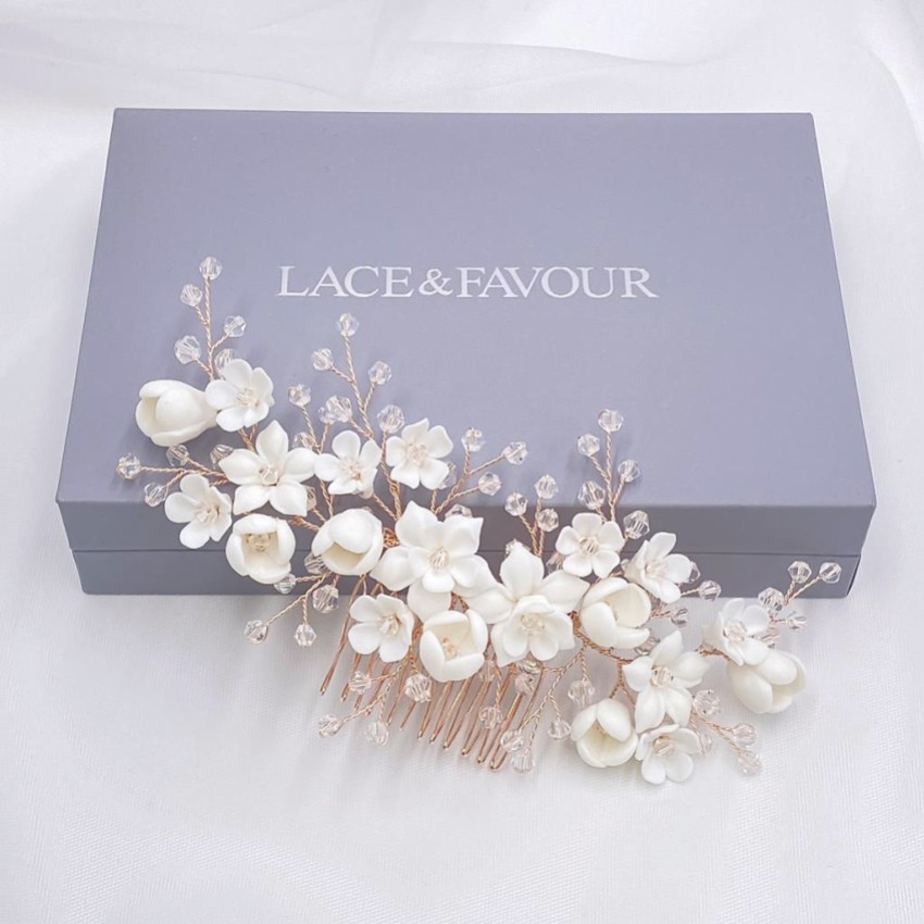 Photograph: Rosewood Porcelain Flowers and Crystal Hair Comb (Rose Gold)