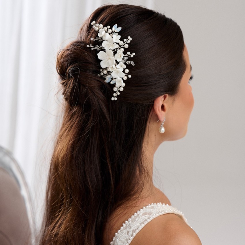 Photograph: Seychelles Ivory Porcelain Flowers, Pearl and Crystal Hair Comb