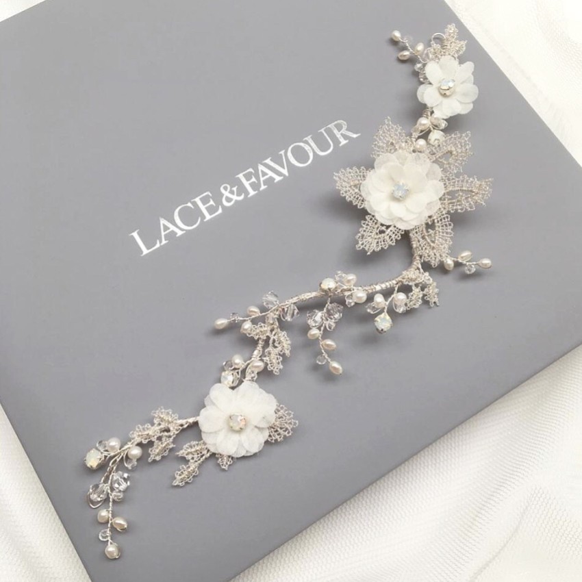 Photograph: Tamsin Ivory Flowers and Silver Lace Opal Crystal Hair Vine