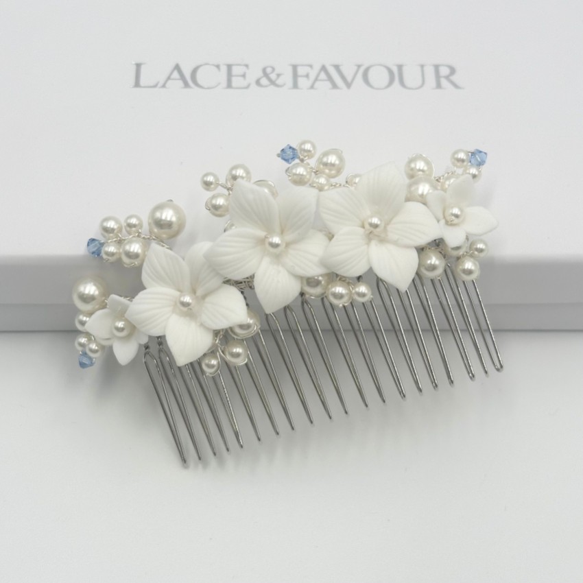 Photograph: Tiffany Pearl and Light Sapphire Crystal Floral Hair Comb